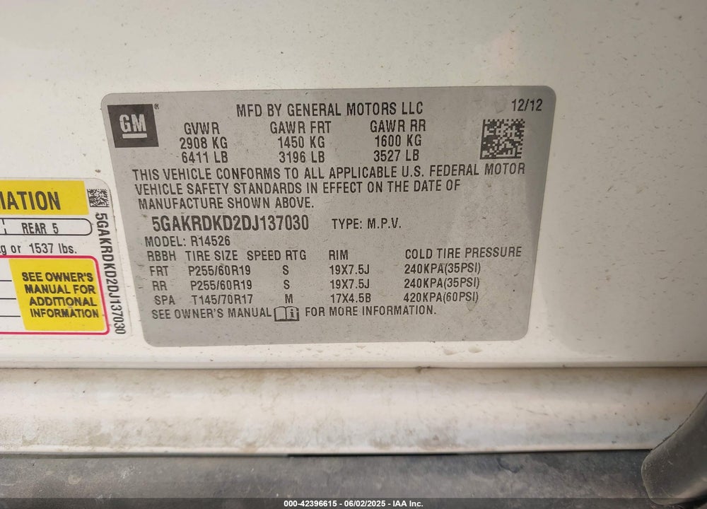 2013 BUICK ENCLAVE VIN: 5GAKRDKD2DJ137030