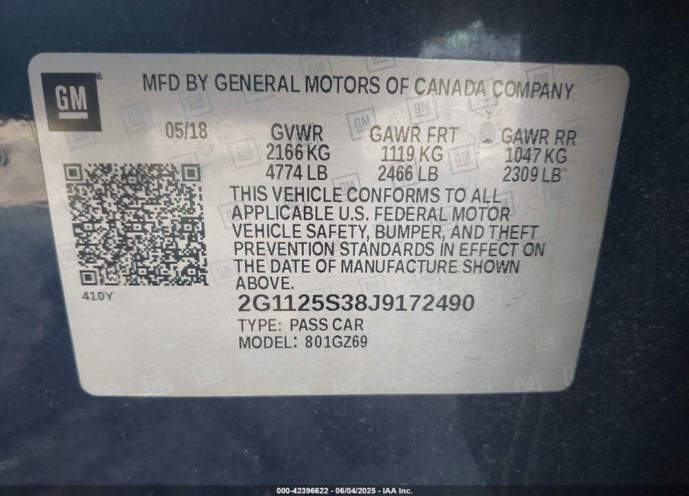2018 CHEVROLET IMPALA VIN: 2G1125S38J9172490
