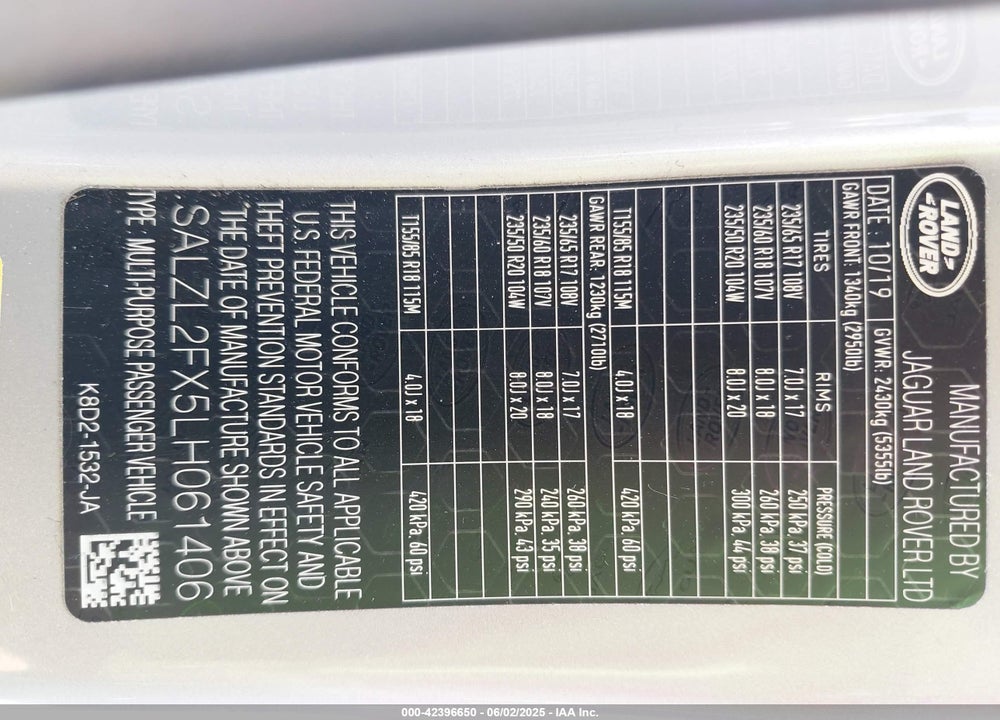 2020 LAND ROVER RANGE ROVER EVOQUE VIN: SALZL2FX5LH061406
