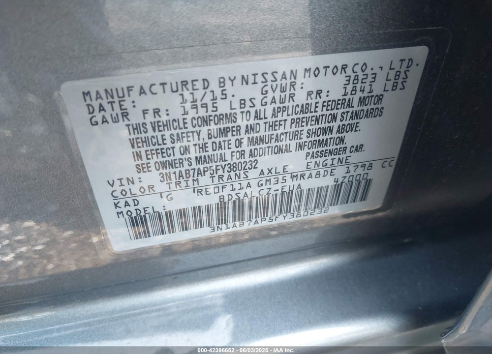 2015 NISSAN SENTRA VIN: 3N1AB7AP5FY380232