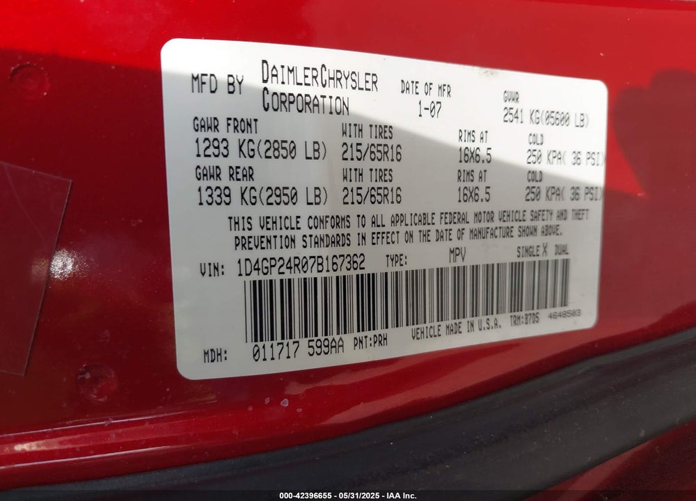 2007 DODGE GRAND CARAVAN SE VIN: 1D4GP24R07B167362