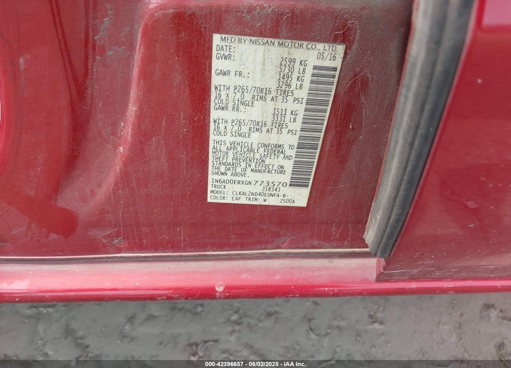 2016 NISSAN FRONTIER VIN: 1N6AD0ERXGN773570