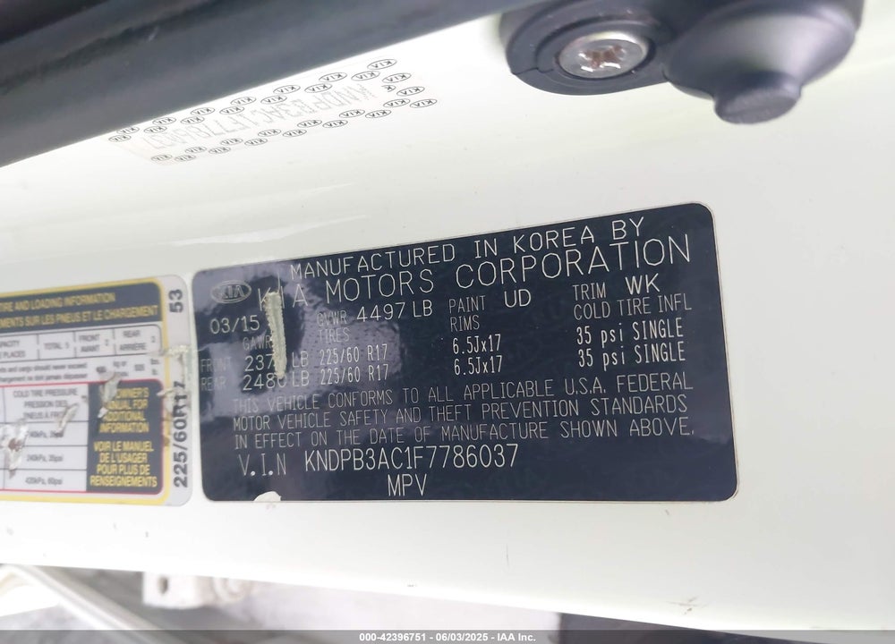 2015 KIA SPORTAGE VIN: KNDPB3AC1F7786037