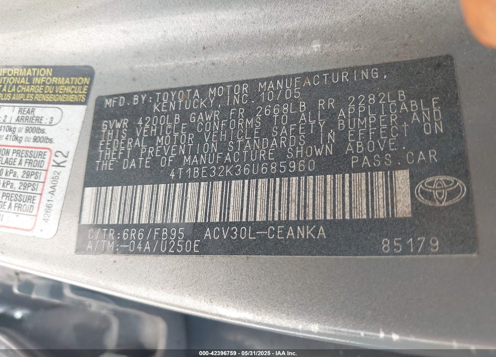 2006 TOYOTA CAMRY VIN: 4T1BE32K36U685960