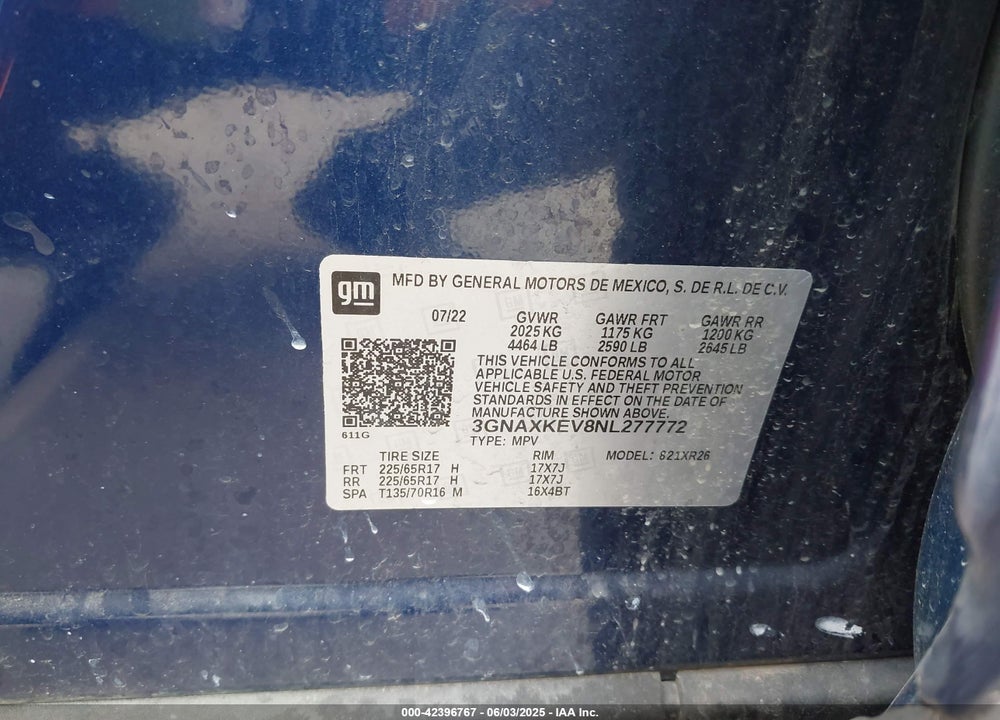 2022 CHEVROLET EQUINOX VIN: 3GNAXKEV8NL277772