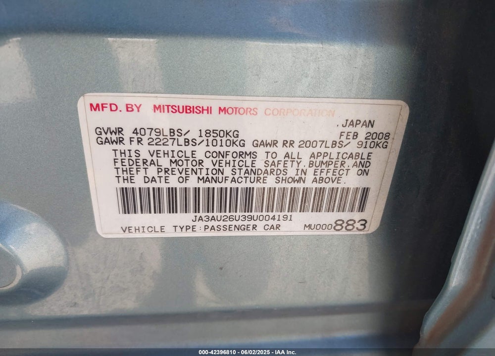 2009 MITSUBISHI LANCER VIN: JA3AU26U39U004191