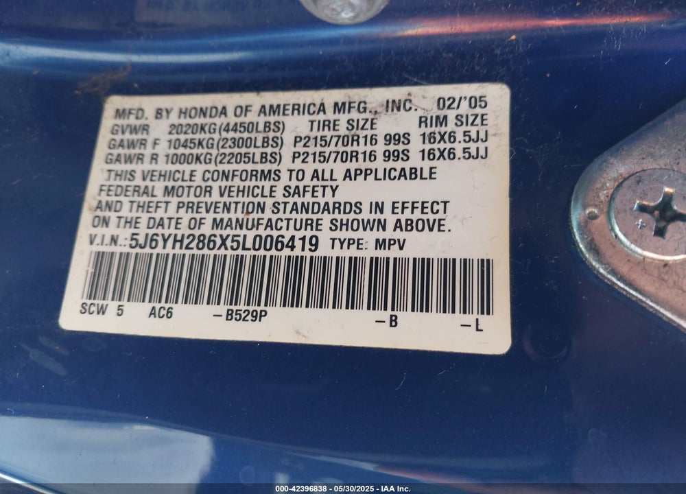 2005 HONDA ELEMENT EX VIN: 5J6YH286X5L006419