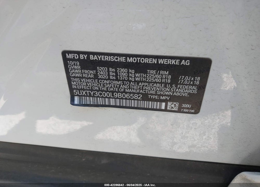 2020 BMW X3 SDRIVE30I VIN: 5UXTY3C00L9B06582