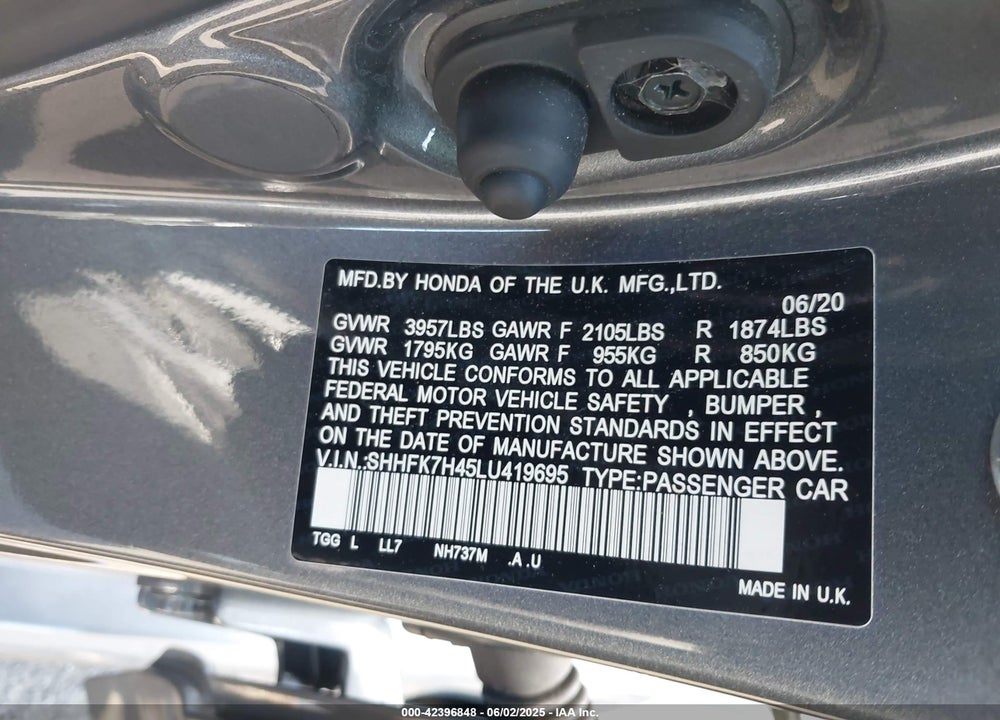 2020 HONDA CIVIC VIN: SHHFK7H45LU419695