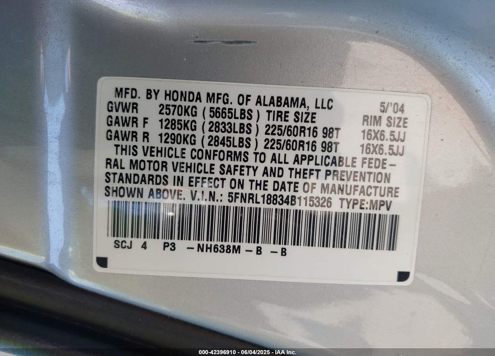 2004 HONDA ODYSSEY EX VIN: 5FNRL18834B115326