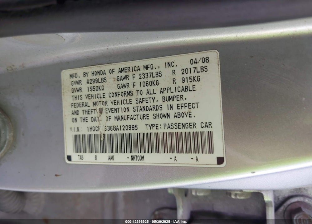 2008 HONDA ACCORD VIN: 1HGCP26368A120995