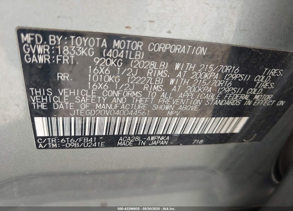 2004 TOYOTA RAV4 VIN: JTEGD20V040044561