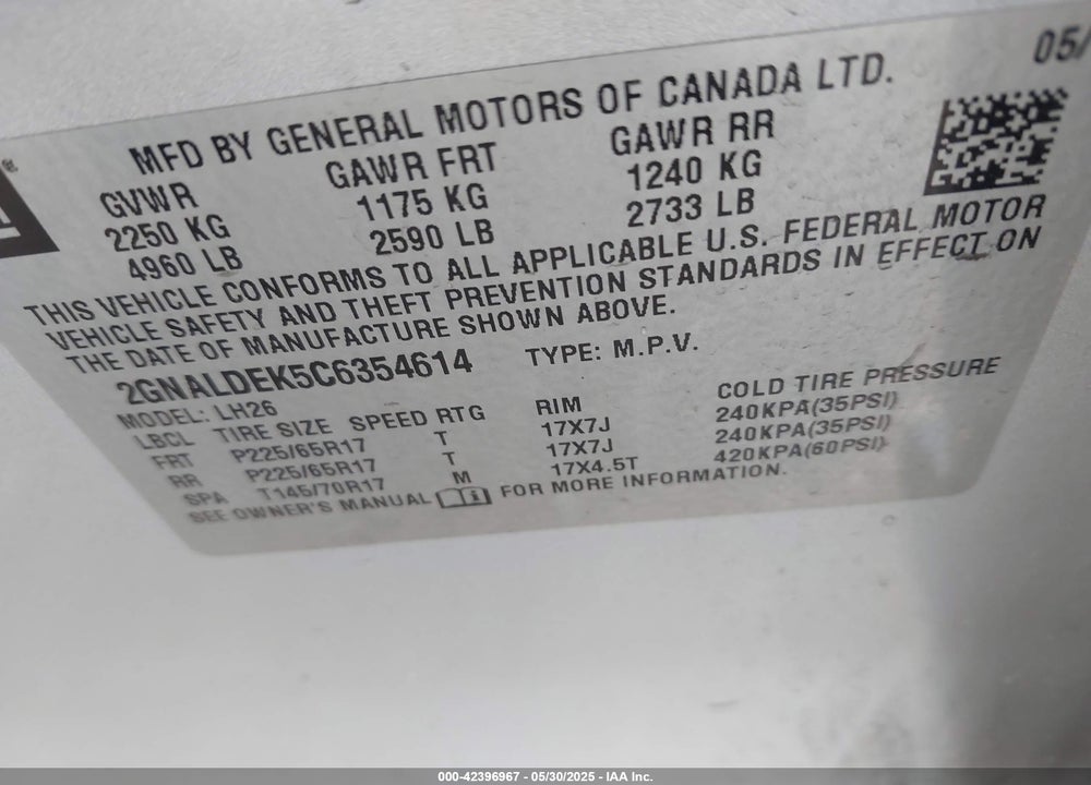 2012 CHEVROLET EQUINOX VIN: 2GNALDEK5C6354614