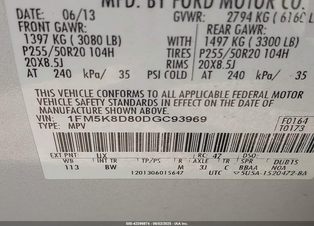 2013 FORD EXPLORER VIN: 1FM5K8D80DGC93969