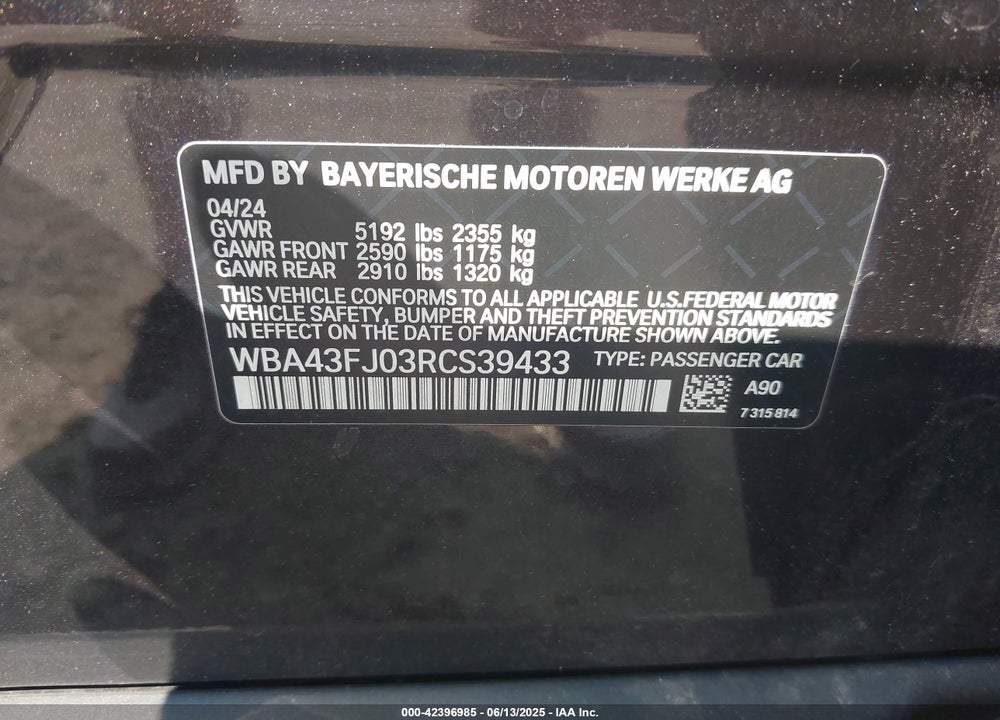 2024 BMW 530 VIN: WBA43FJ03RCS39433