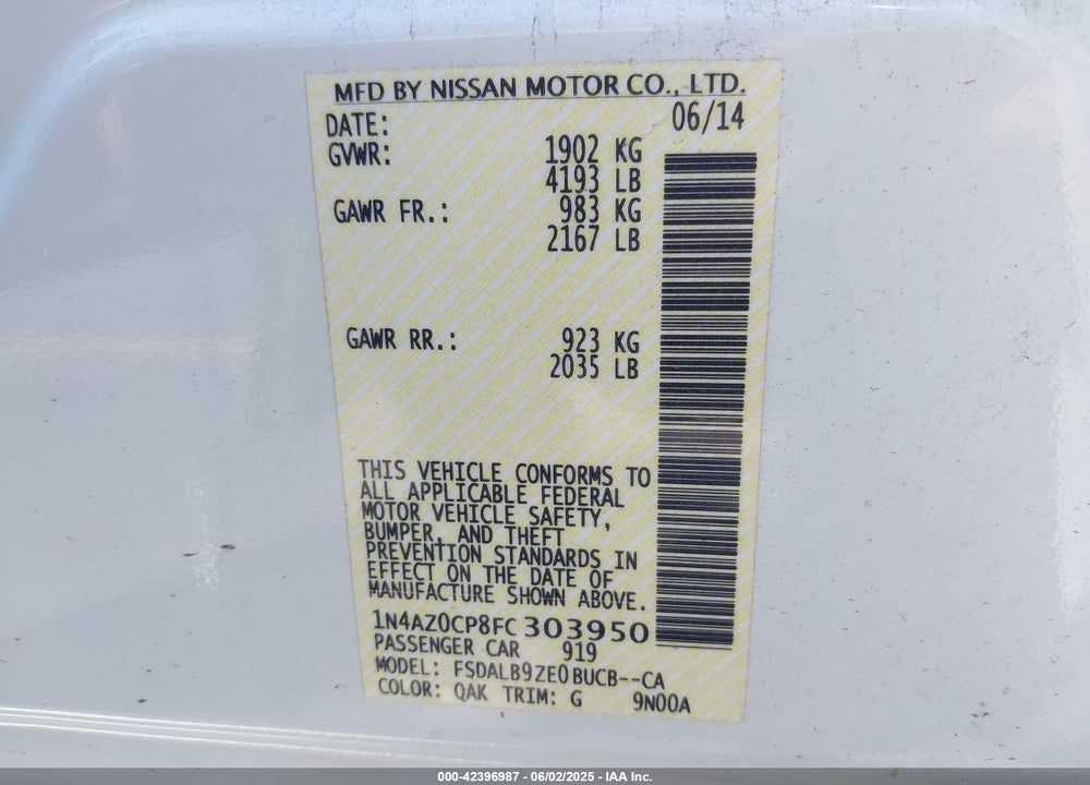 2015 NISSAN LEAF S VIN: 1N4AZ0CP8FC303950