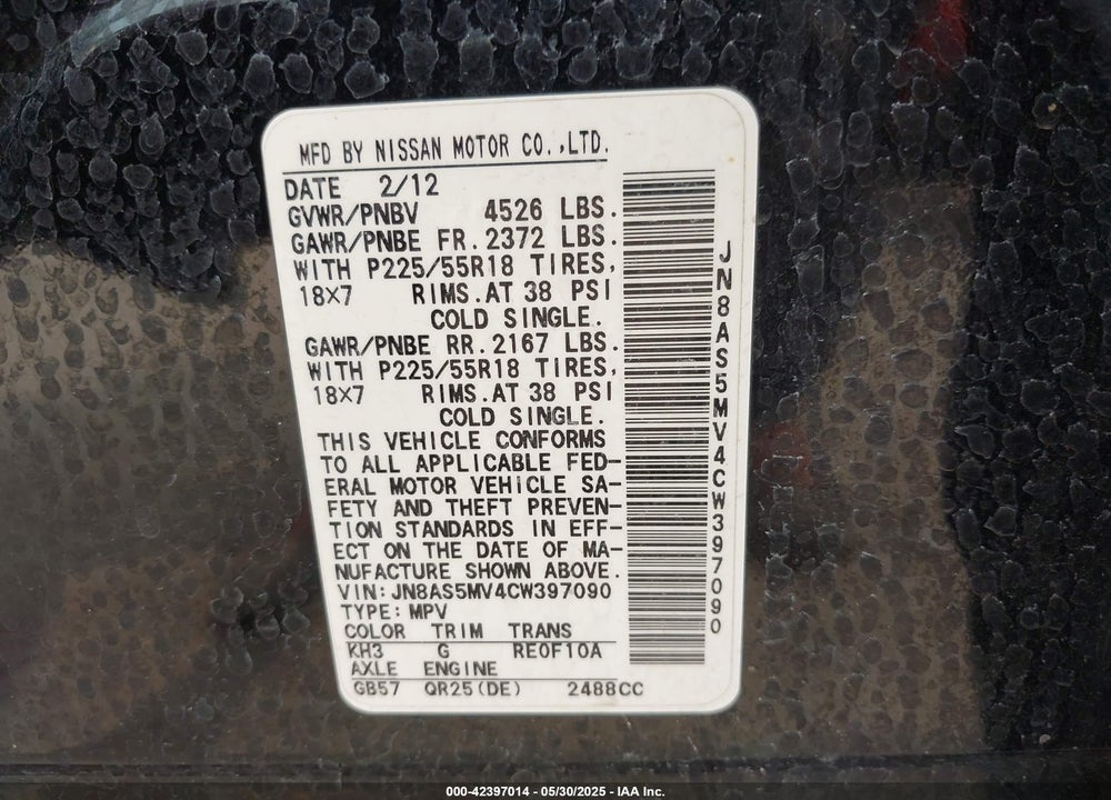 2012 NISSAN ROGUE SV W/SL PKG VIN: JN8AS5MV4CW397090