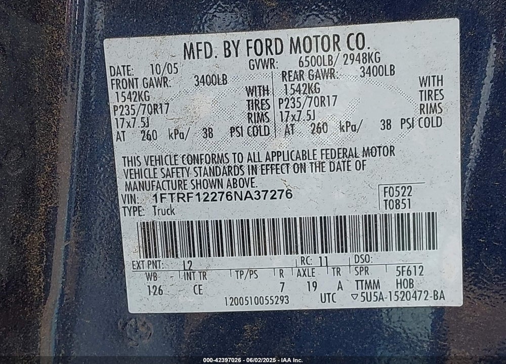 2006 FORD F-150 STX/XL/XLT VIN: 1FTRF12276NA37276