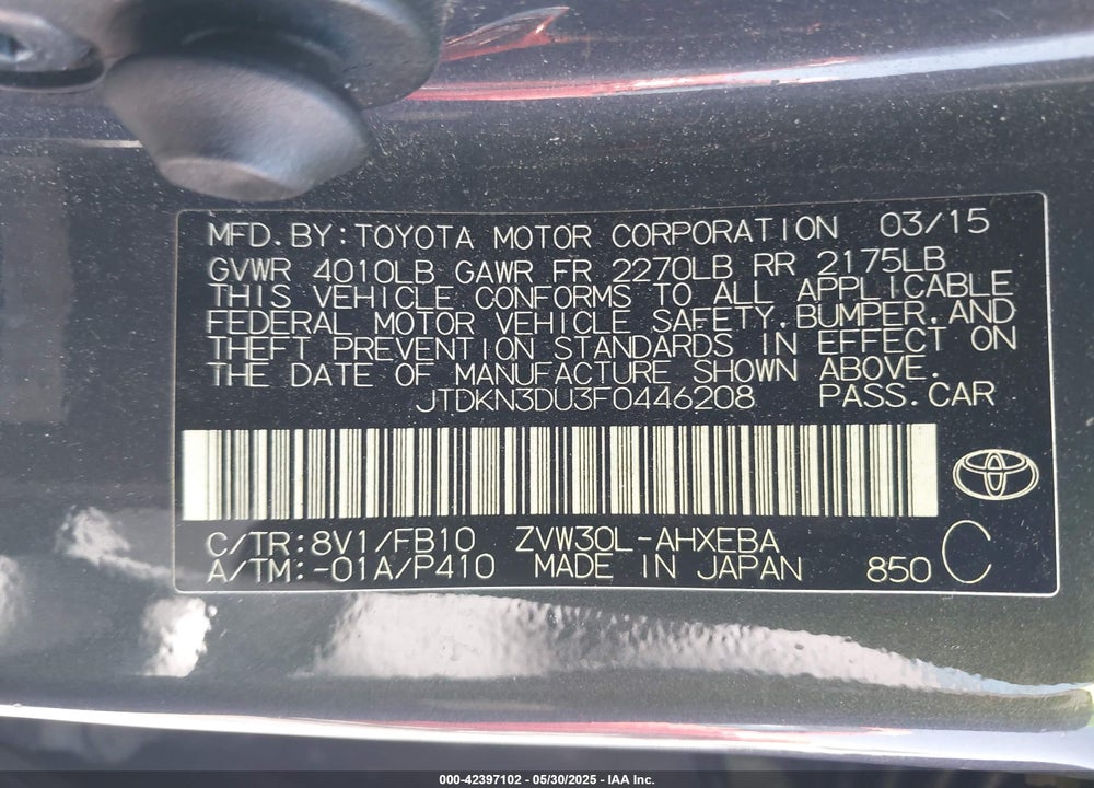 2015 TOYOTA PRIUS VIN: JTDKN3DU3F0446208