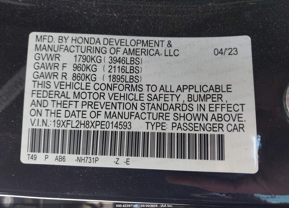 2023 HONDA CIVIC VIN: 19XFL2H8XPE014593
