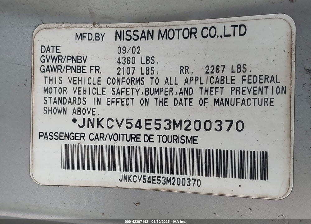 2003 INFINITI G35 BASE W/LEATHER VIN: JNKCV54E53M200370