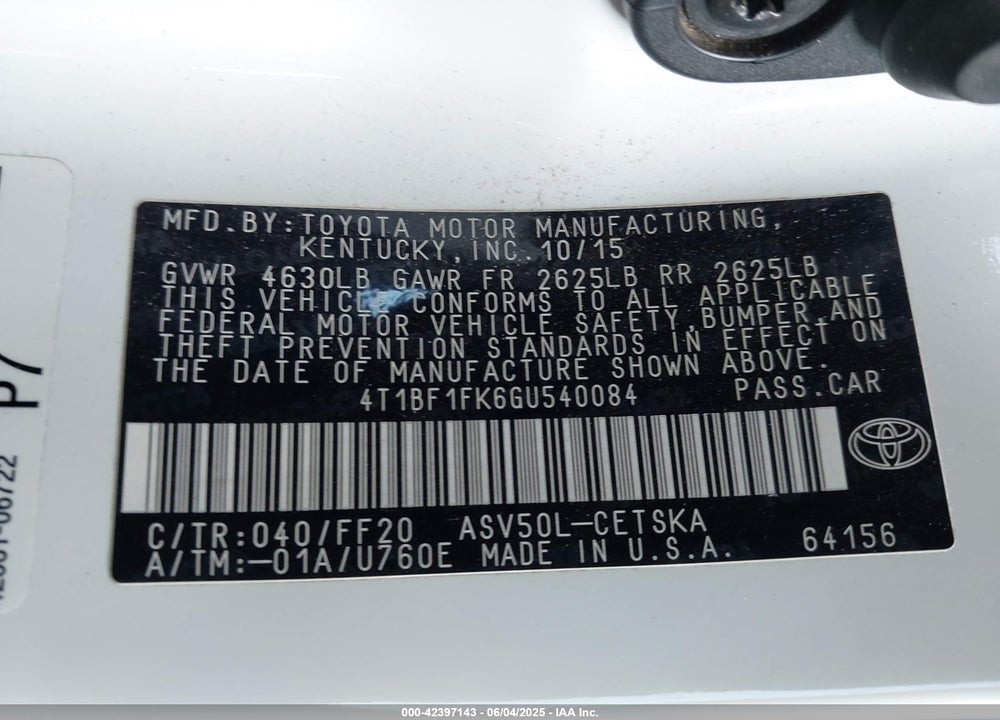 2016 TOYOTA CAMRY VIN: 4T1BF1FK6GU540084