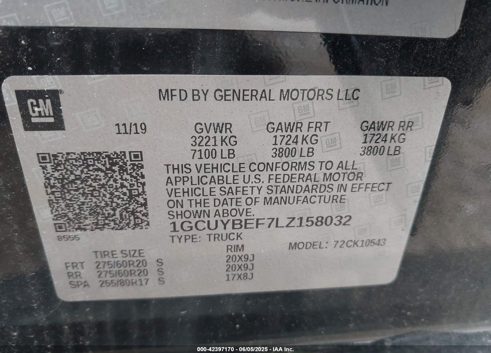 2020 CHEVROLET SILVERADO 1500 VIN: 1GCUYBEF7LZ158032