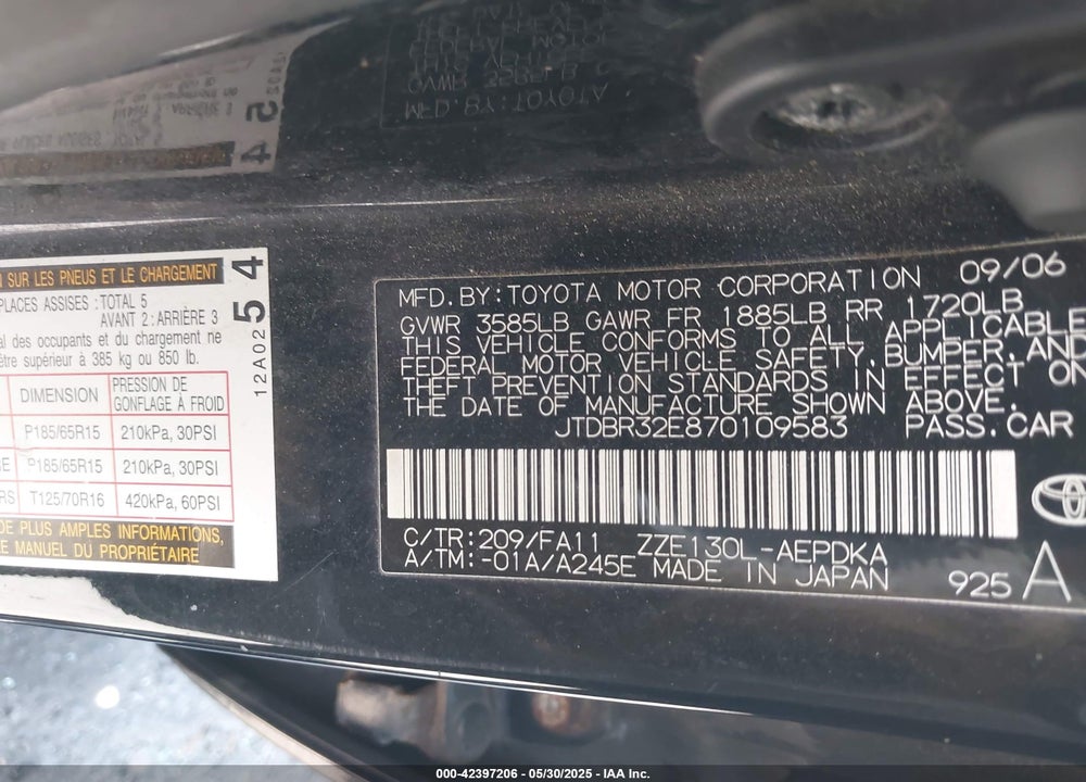 2007 TOYOTA COROLLA VIN: JTDBR32E870109583