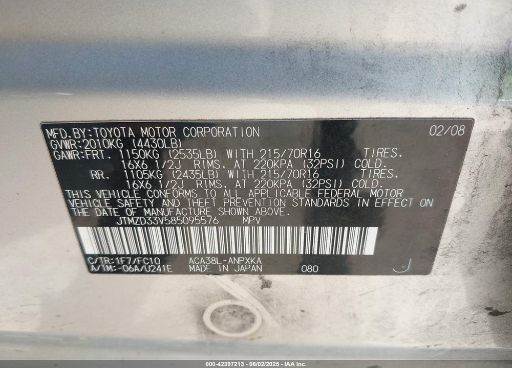 2008 TOYOTA RAV4 VIN: JTMZD33V585095576