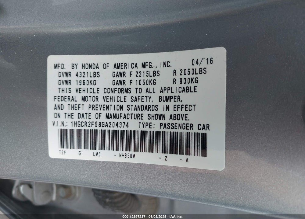 2016 HONDA ACCORD SPORT VIN: 1HGCR2F58GA204374