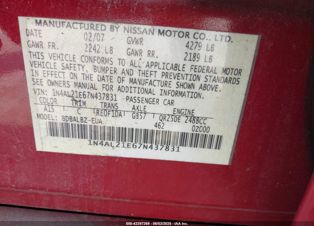 2007 NISSAN ALTIMA 2.5 S VIN: 1N4AL21E67N437831
