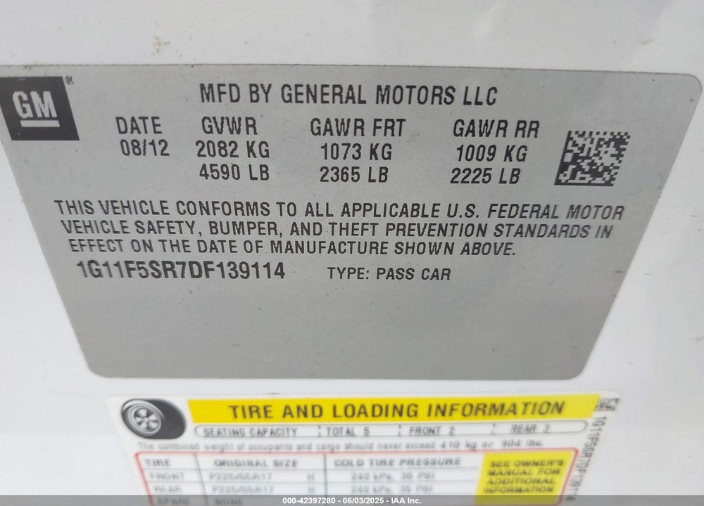 2013 CHEVROLET MALIBU VIN: 1G11F5SR7DF139114