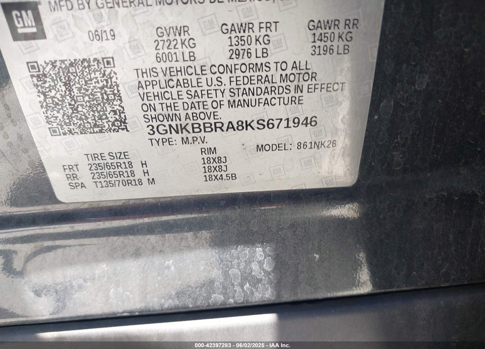 2019 CHEVROLET BLAZER VIN: 3GNKBBRA8KS671946