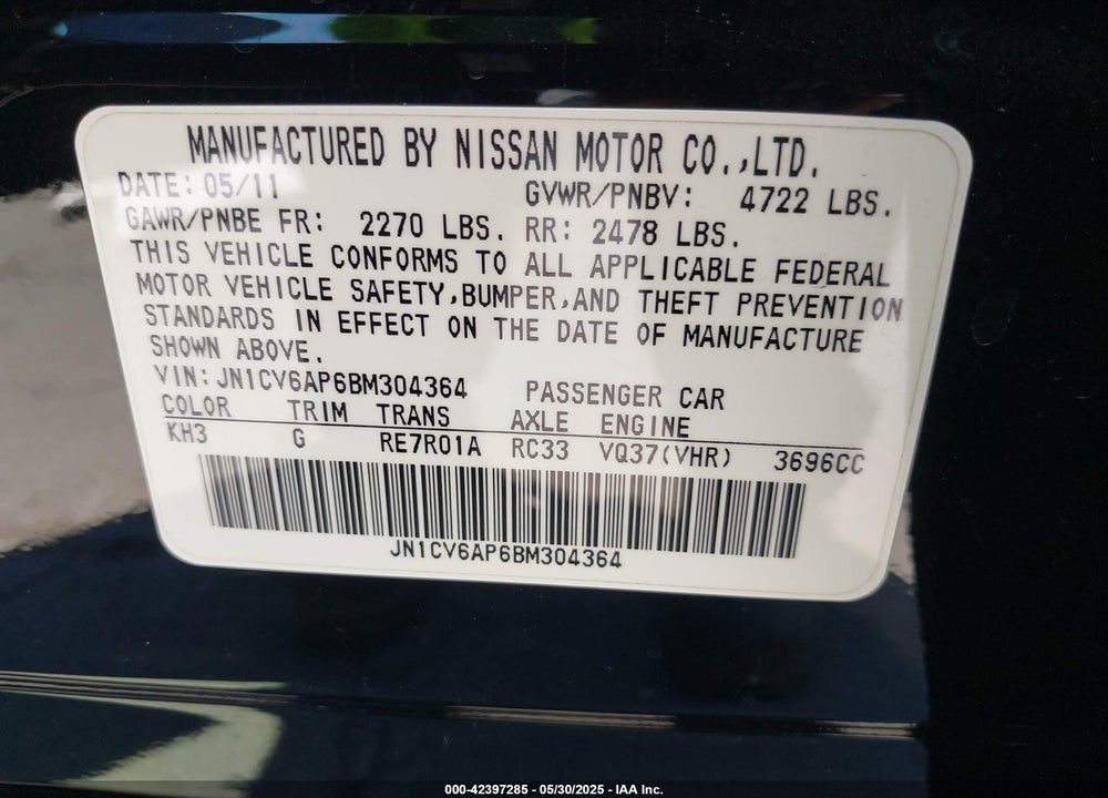 2011 INFINITI G37 JOURNEY VIN: JN1CV6AP6BM304364