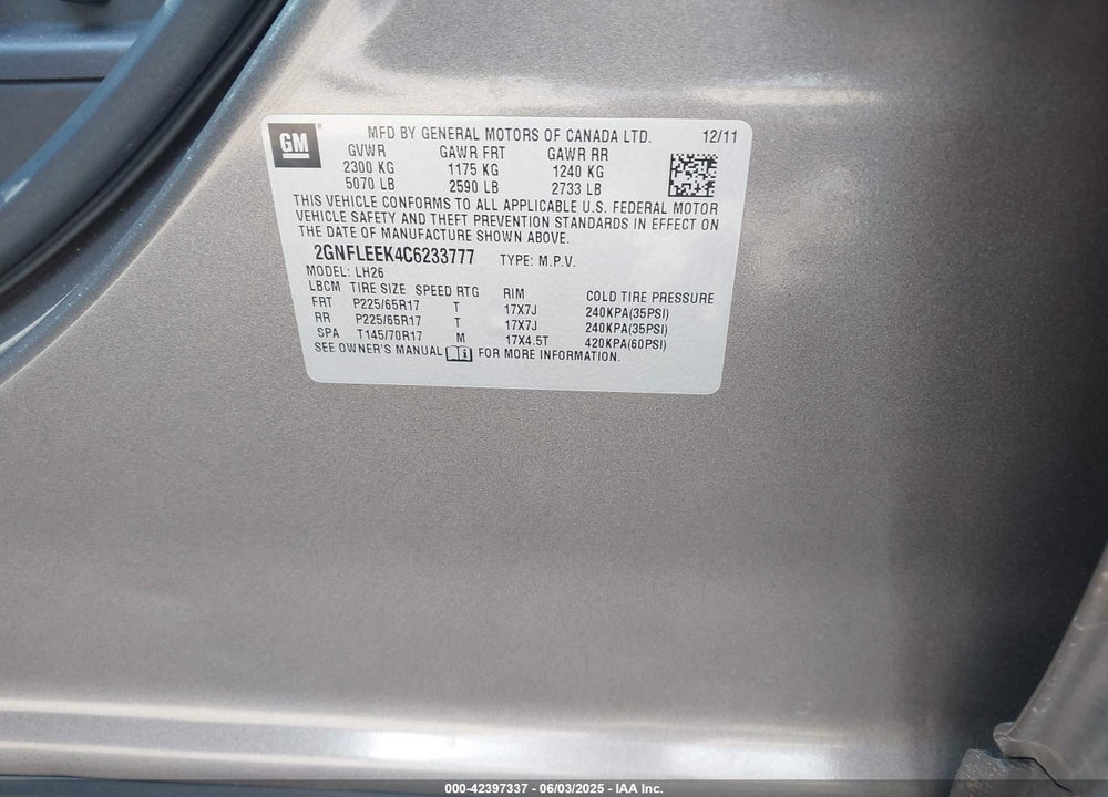 2012 CHEVROLET EQUINOX 1LT VIN: 2GNFLEEK4C6233777