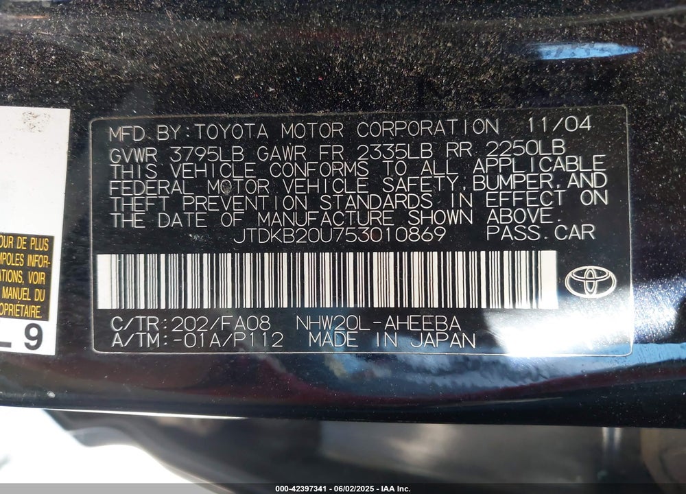 2005 TOYOTA PRIUS VIN: JTDKB20U753010869