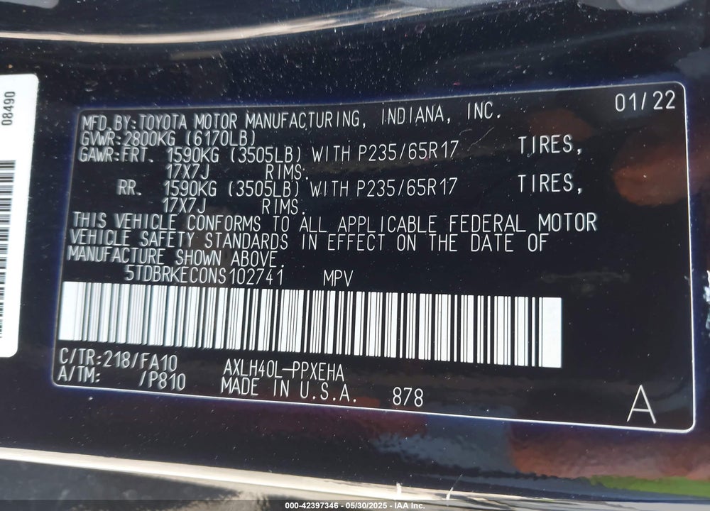 2022 TOYOTA SIENNA VIN: 5TDBRKEC0NS102741