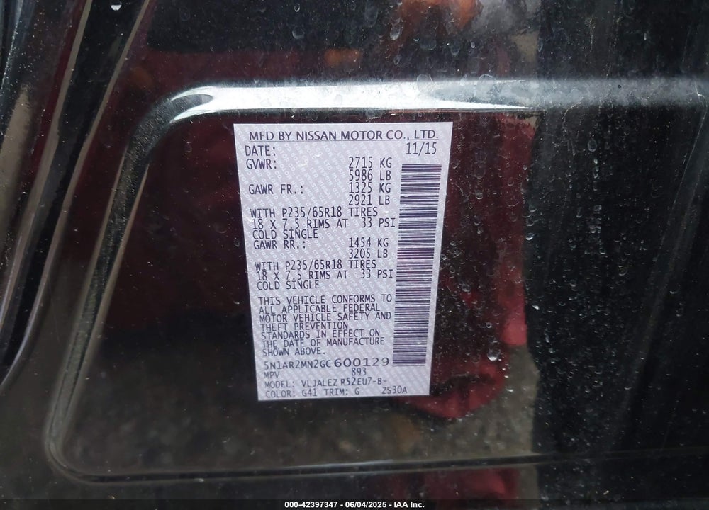 2016 NISSAN PATHFINDER PLATINUM/S/SL/SV VIN: 5N1AR2MN2GC600129