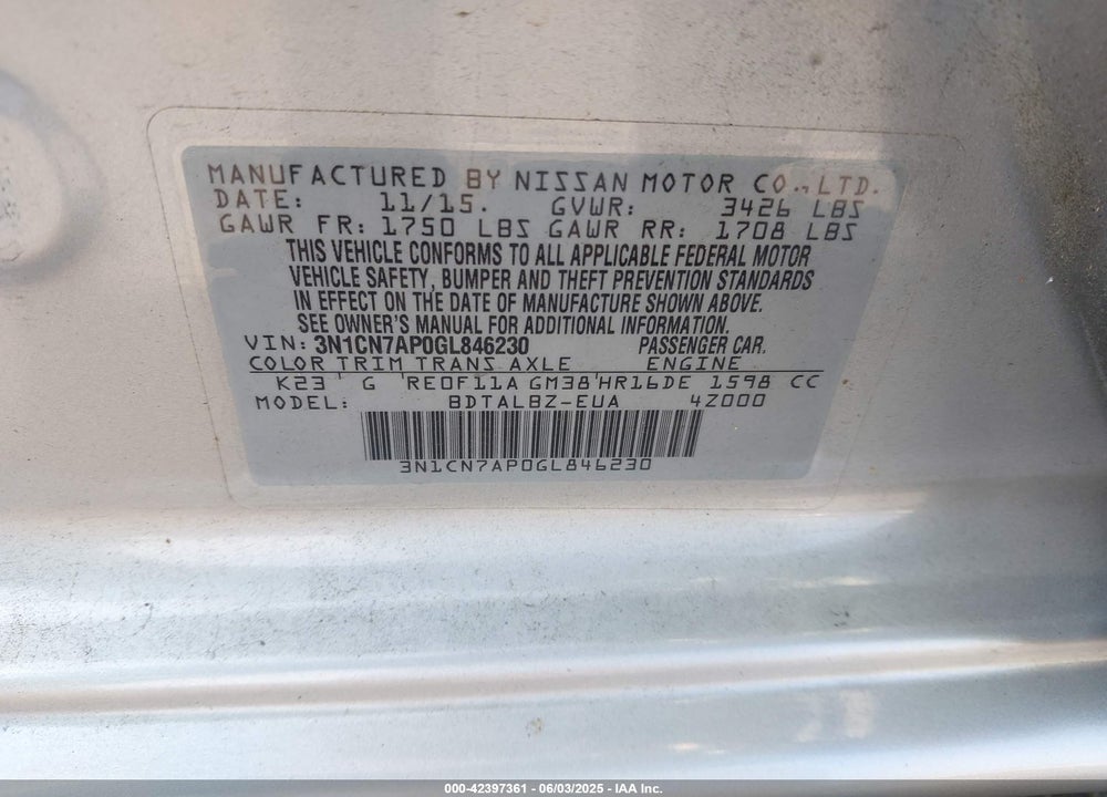 2016 NISSAN VERSA VIN: 3N1CN7AP0GL846230