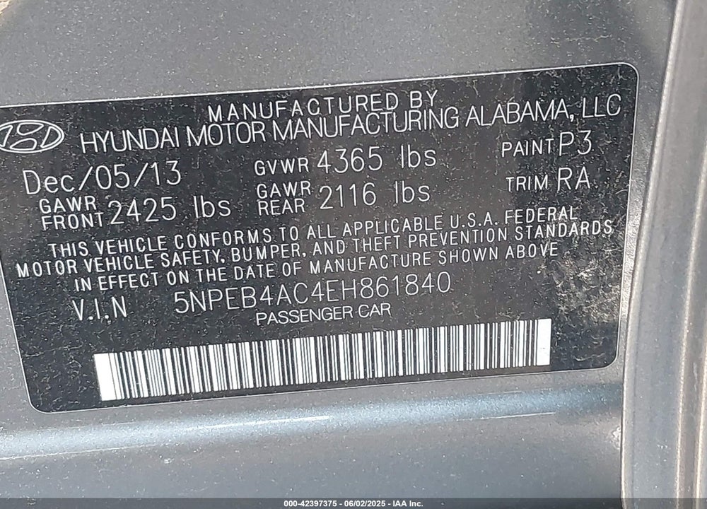 2014 HYUNDAI SONATA GLS VIN: 5NPEB4AC4EH861840