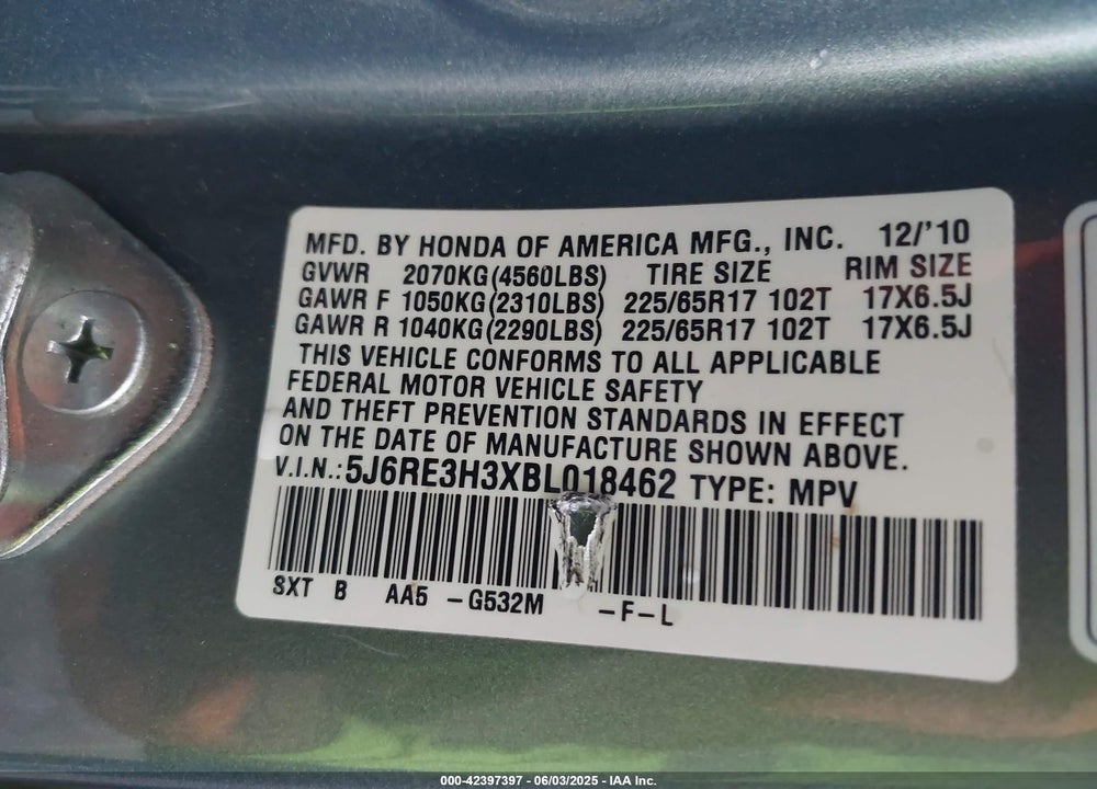 2011 HONDA CR-V LX VIN: 5J6RE3H3XBL018462