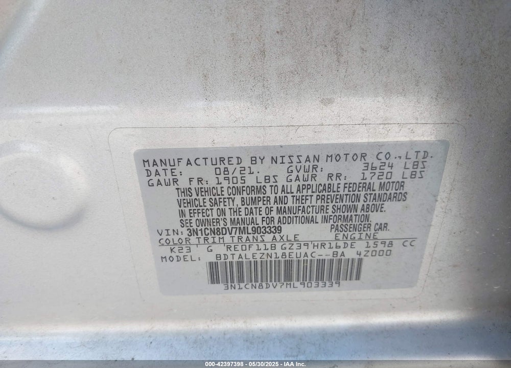 2021 NISSAN VERSA VIN: 3N1CN8DV7ML903339