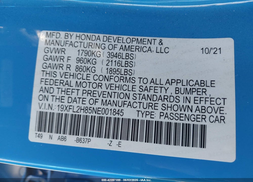 2022 HONDA CIVIC SPORT VIN: 19XFL2H85NE001845