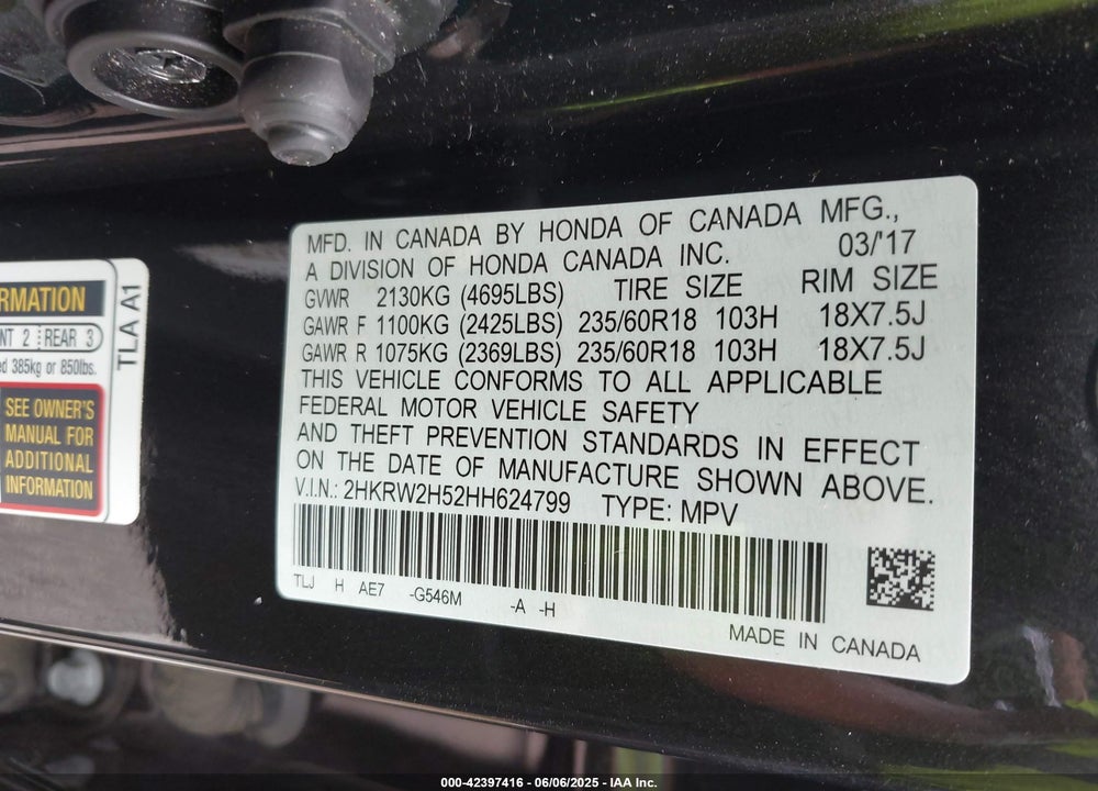 2017 HONDA CR-V EX VIN: 2HKRW2H52HH624799