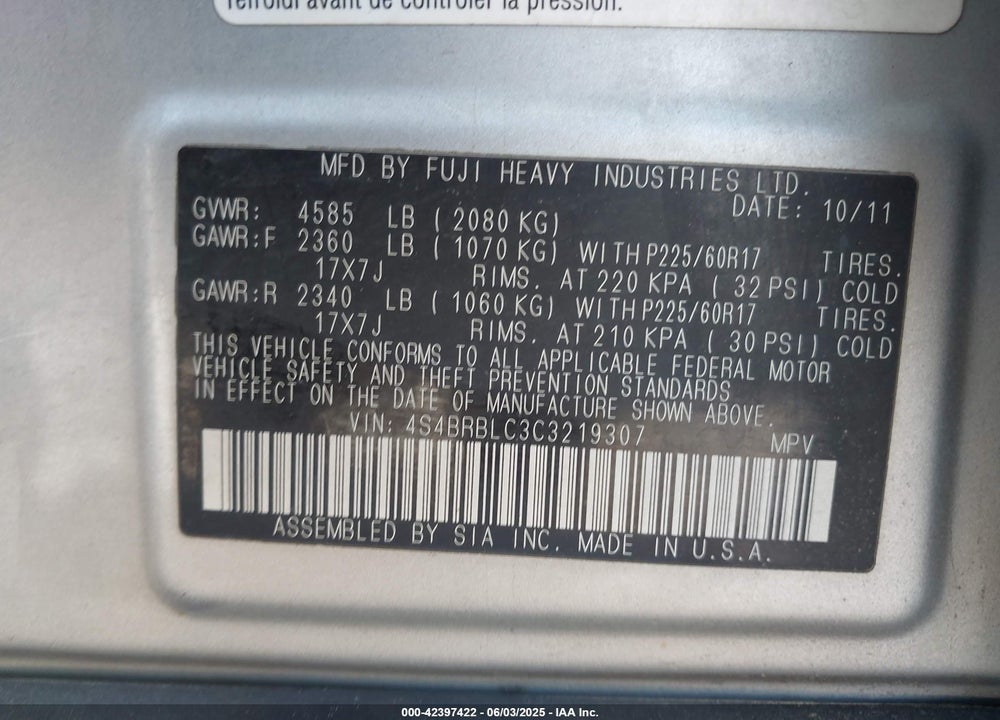 2012 SUBARU OUTBACK VIN: 4S4BRBLC3C3219307