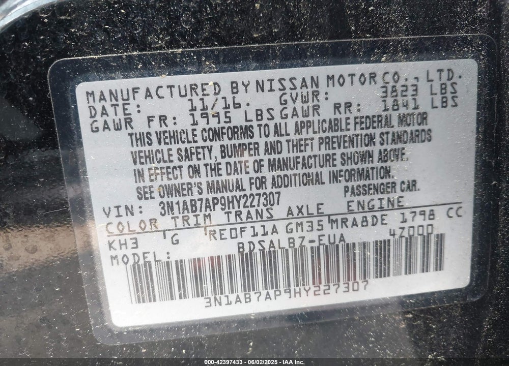 2017 NISSAN SENTRA VIN: 3N1AB7AP9HY227307