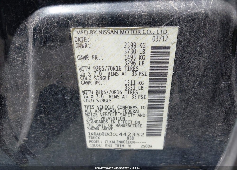 2012 NISSAN FRONTIER SV VIN: 1N6AD0ER3CC442352