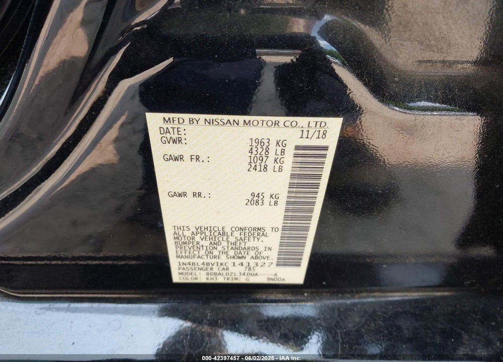2019 NISSAN ALTIMA VIN: 1N4BL4BV1KC141327