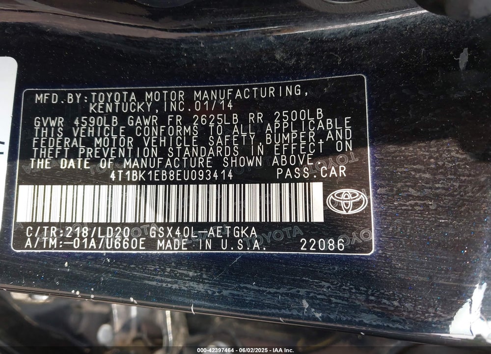 2014 TOYOTA AVALON VIN: 4T1BK1EB8EU093414
