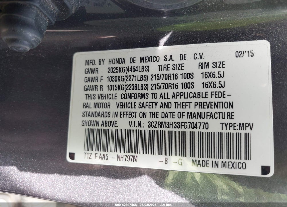 2015 HONDA CR-V LX VIN: 3CZRM3H33FG704770